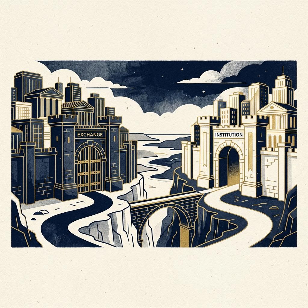 Conceptual illustration: two stone gateways joined by a narrow bridge
