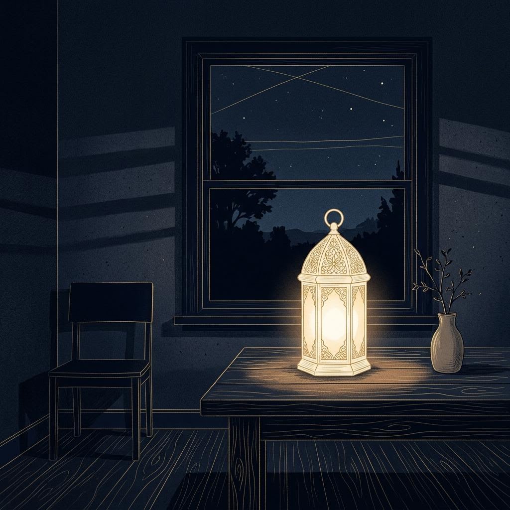 Conceptual illustration: a single lantern-like light in a dark, quiet room