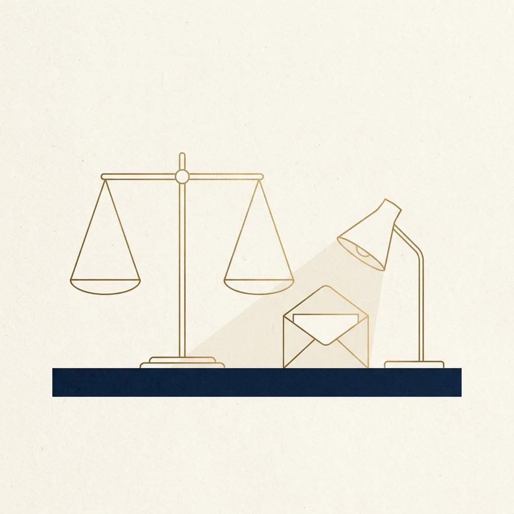 Conceptual illustration: balanced scales made of thin lines beside an envelope
