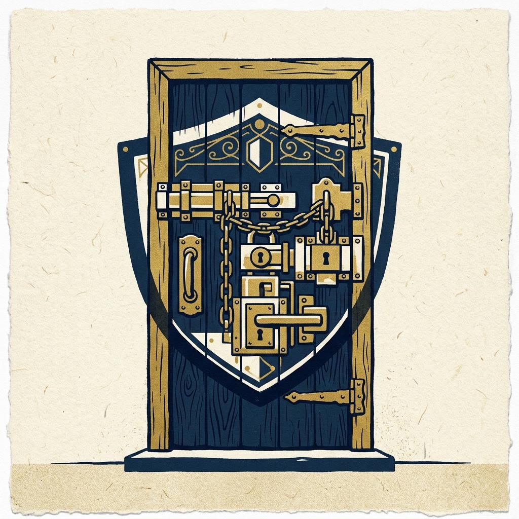 Conceptual illustration: a sturdy door with layered locks