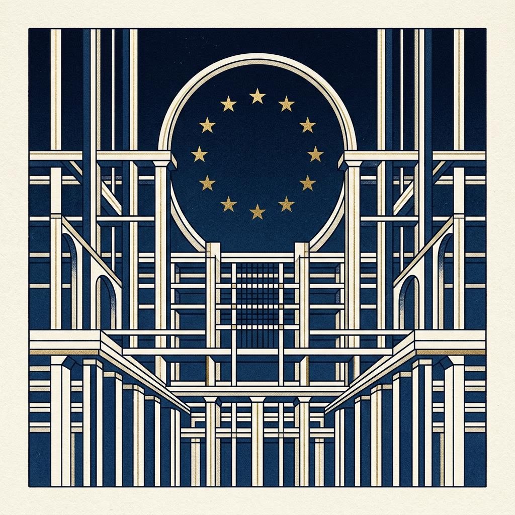 Conceptual illustration: architectural columns beneath a ring of small gold stars