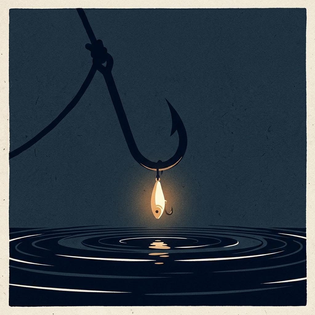Conceptual illustration: a bright lure hanging above dark, calm water