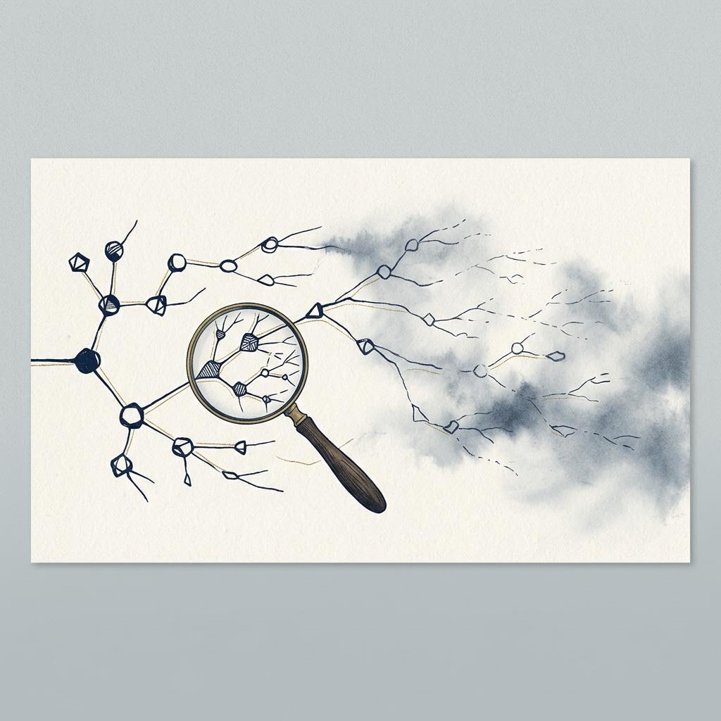 Conceptual illustration: a chain of linked nodes fading into fog under a lens