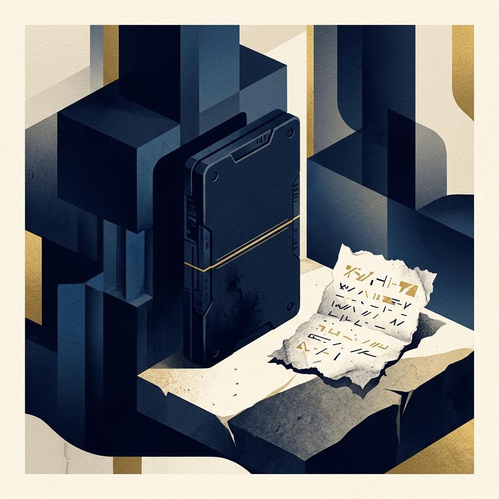 Conceptual illustration: a hardware-style vault slab and a torn slip of paper in shadow